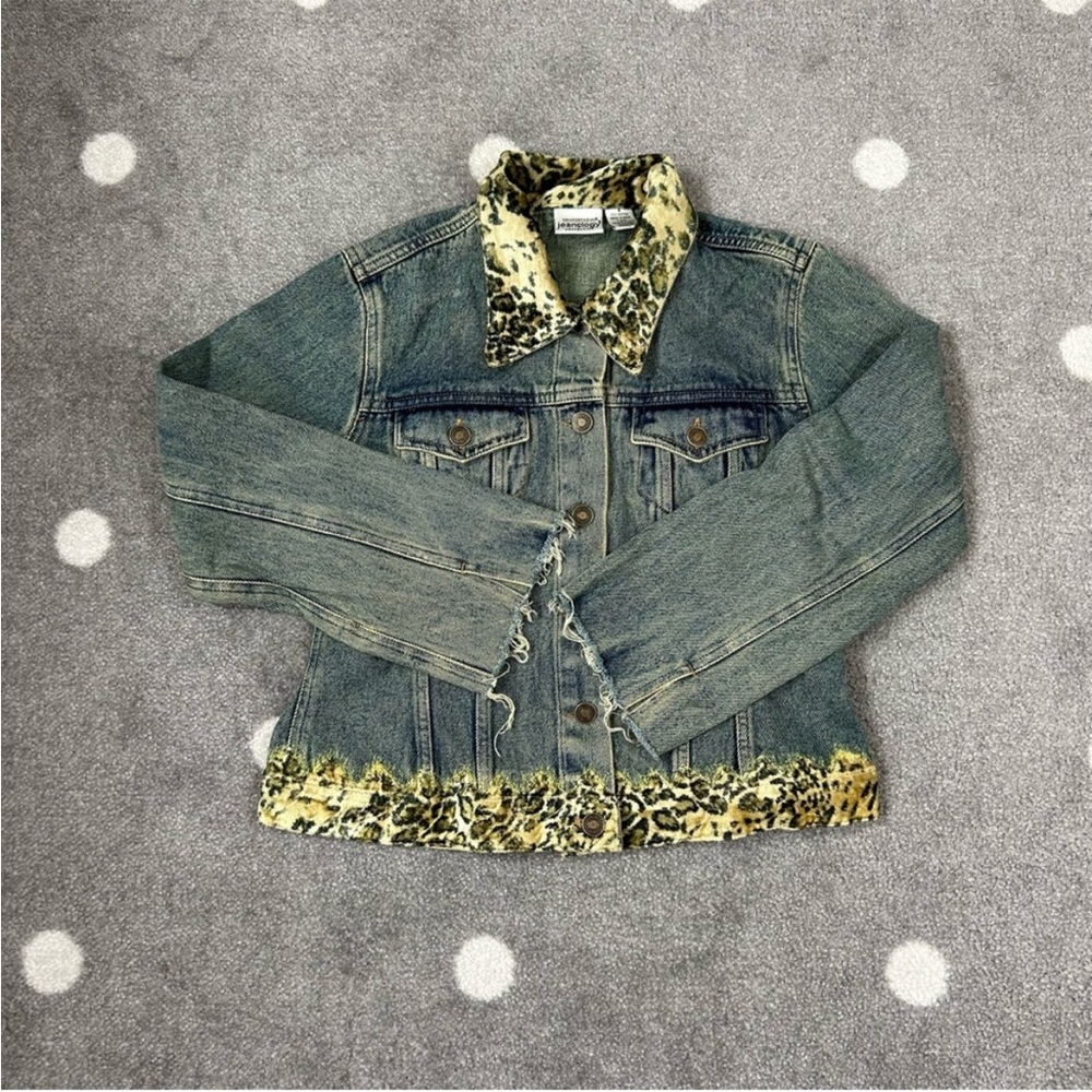 Jeanology vintage denim leopard trim jacket